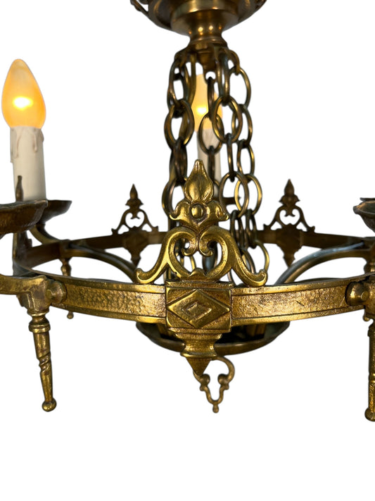 1920s Cast Brass 5 Light Chandelier with White Candles #2595
