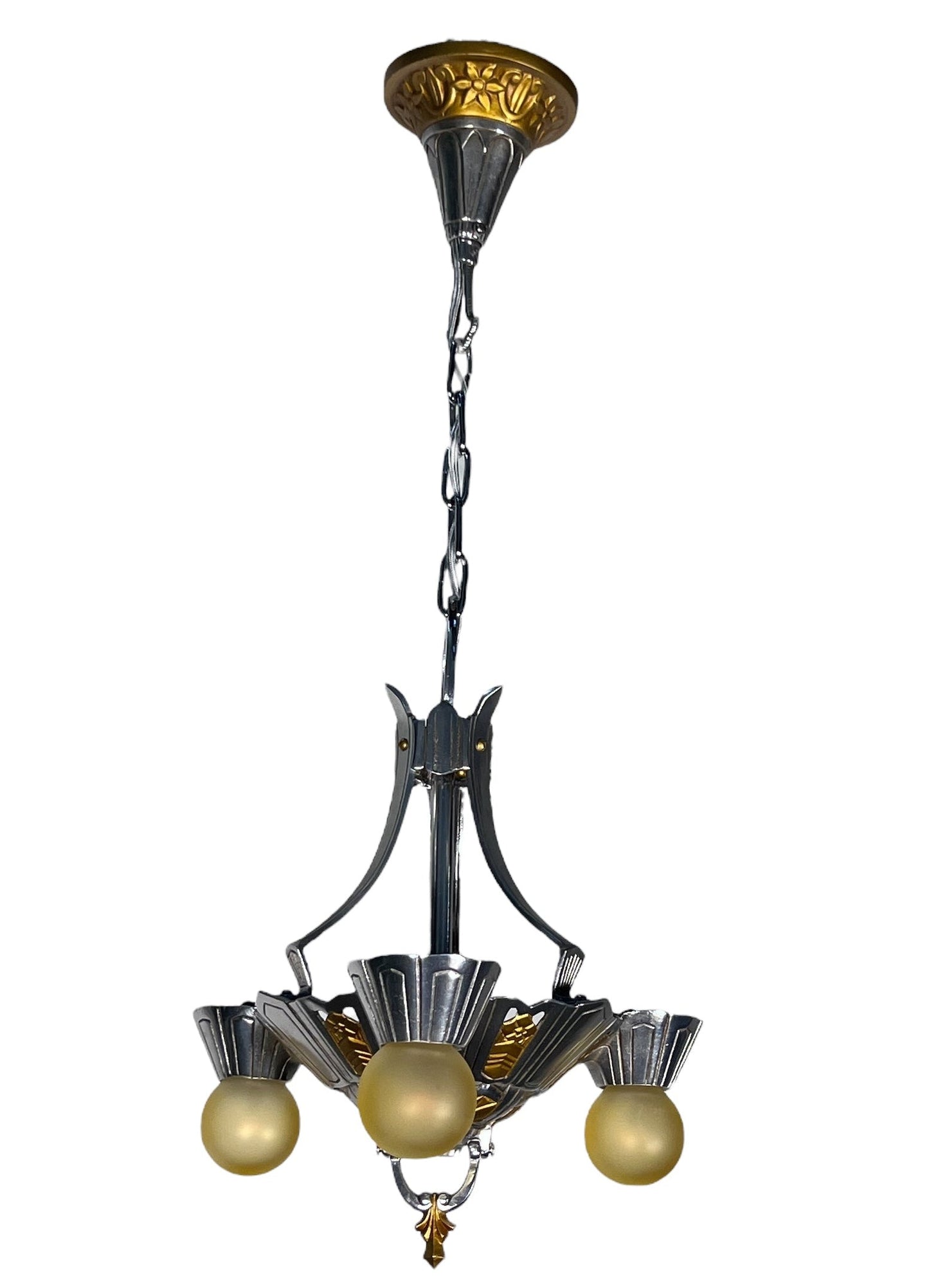 1930s Art Deco  3 Light Hanging Light in Polished Aluminum #2584