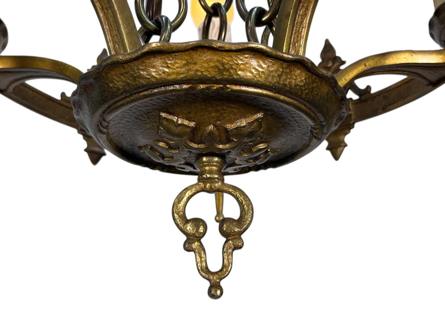 1920s Cast Brass 5 Light Chandelier with White Candles #2595