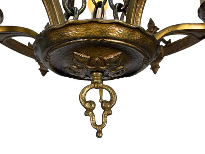 1920s Cast Brass 5 Light Chandelier with White Candles #2595