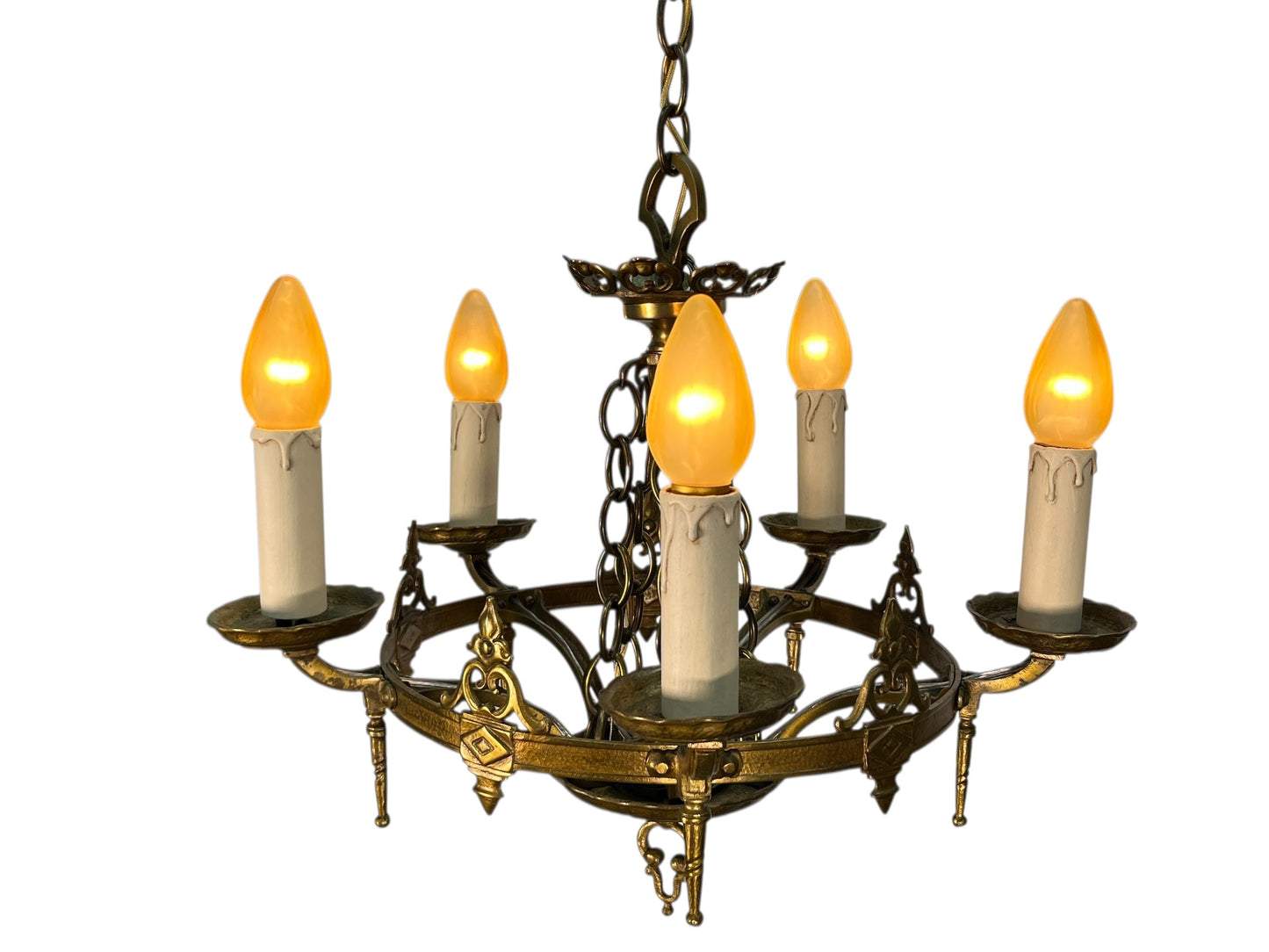 1920s Cast Brass 5 Light Chandelier with White Candles #2595