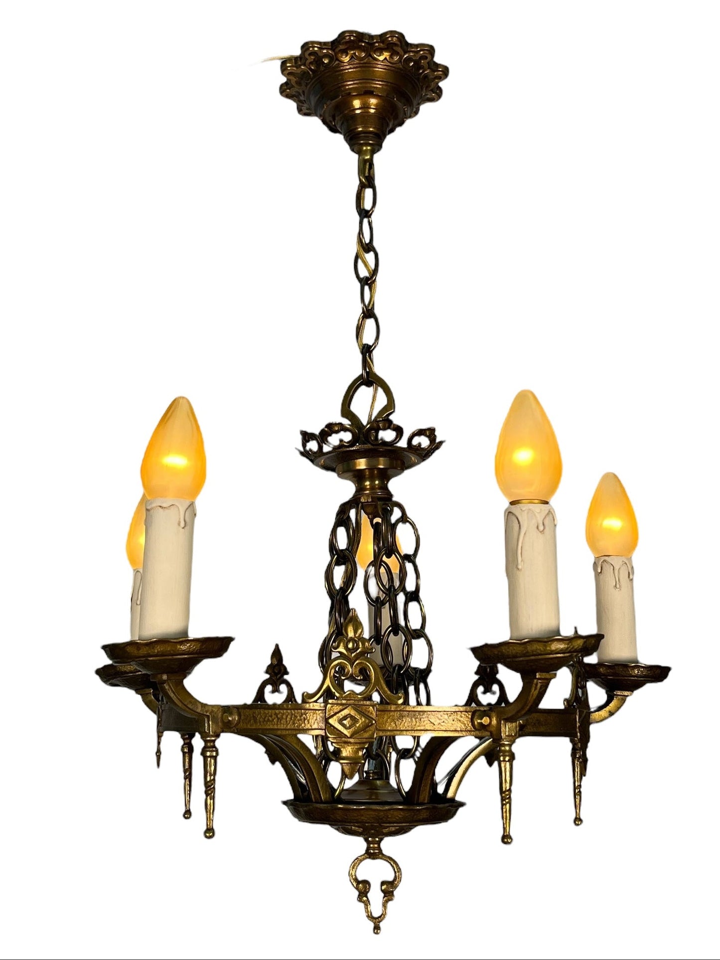 1920s Cast Brass 5 Light Chandelier with White Candles #2595