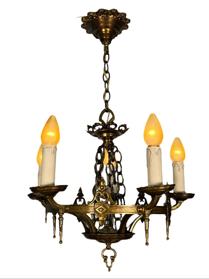 1920s Cast Brass 5 Light Chandelier with White Candles #2595