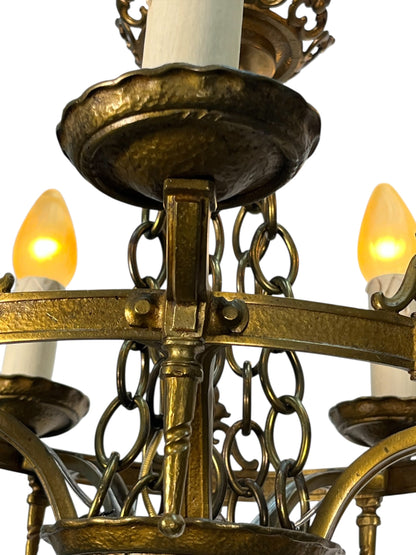 1920s Cast Brass 5 Light Chandelier with White Candles #2595