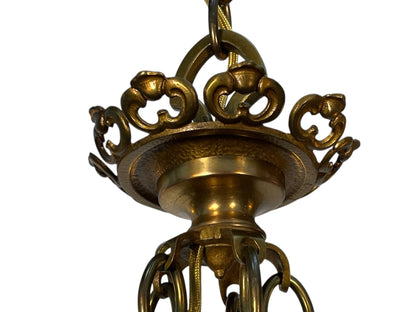 1920s Cast Brass 5 Light Chandelier with White Candles #2595