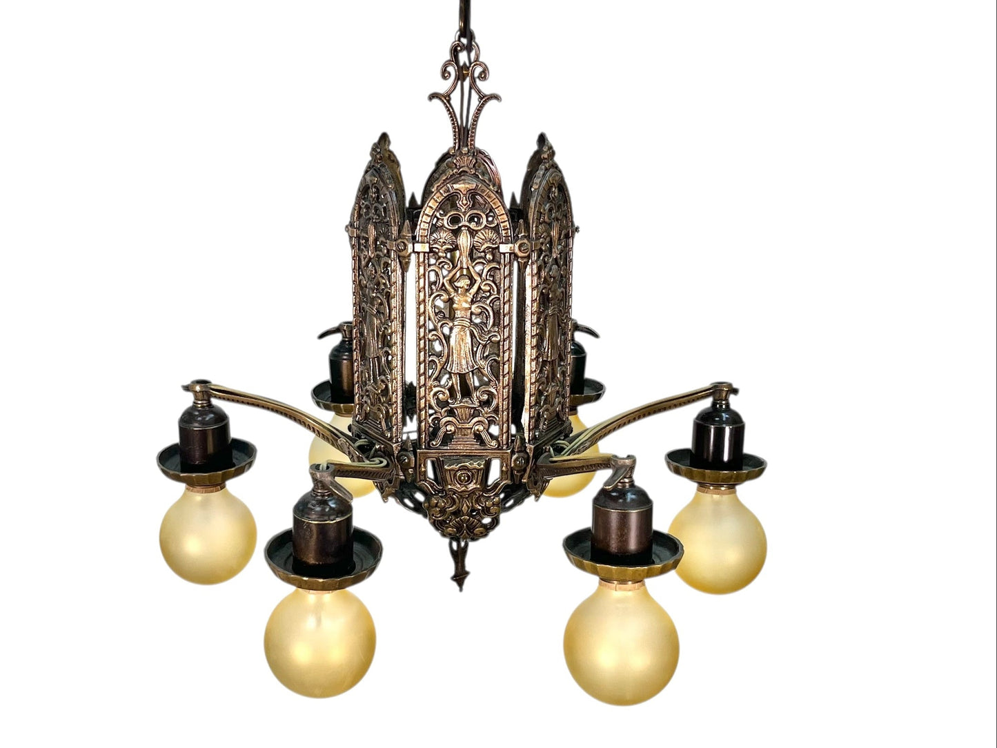 Cast Bronze 6 Light Chandelier with Ladies and Revived Original Finish #2596