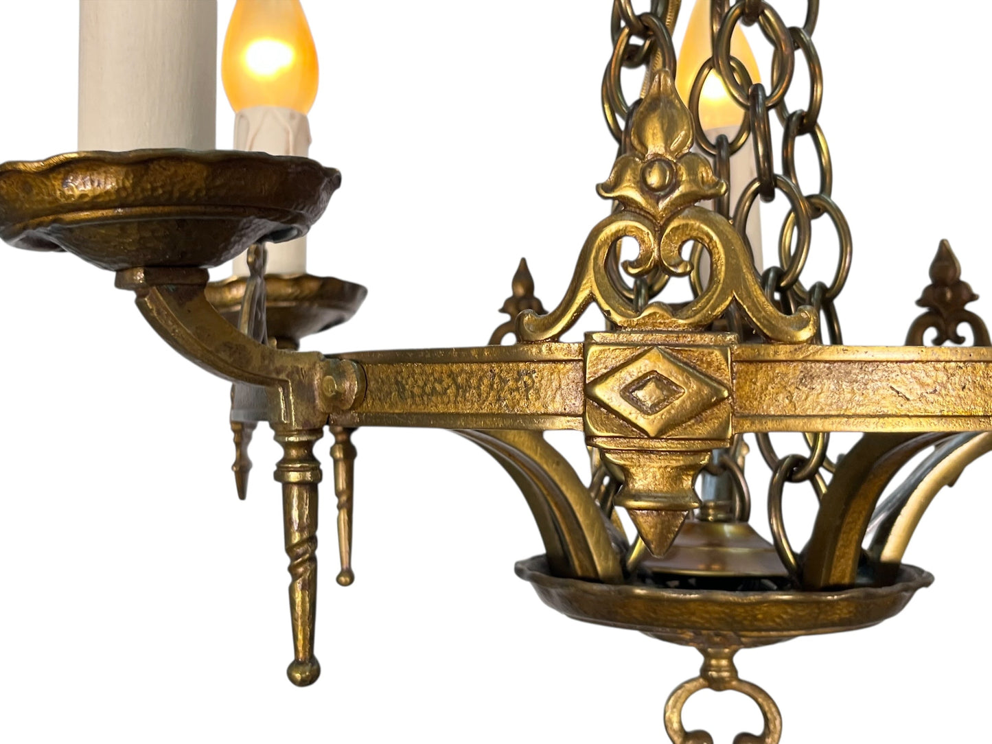 1920s Cast Brass 5 Light Chandelier with White Candles #2595