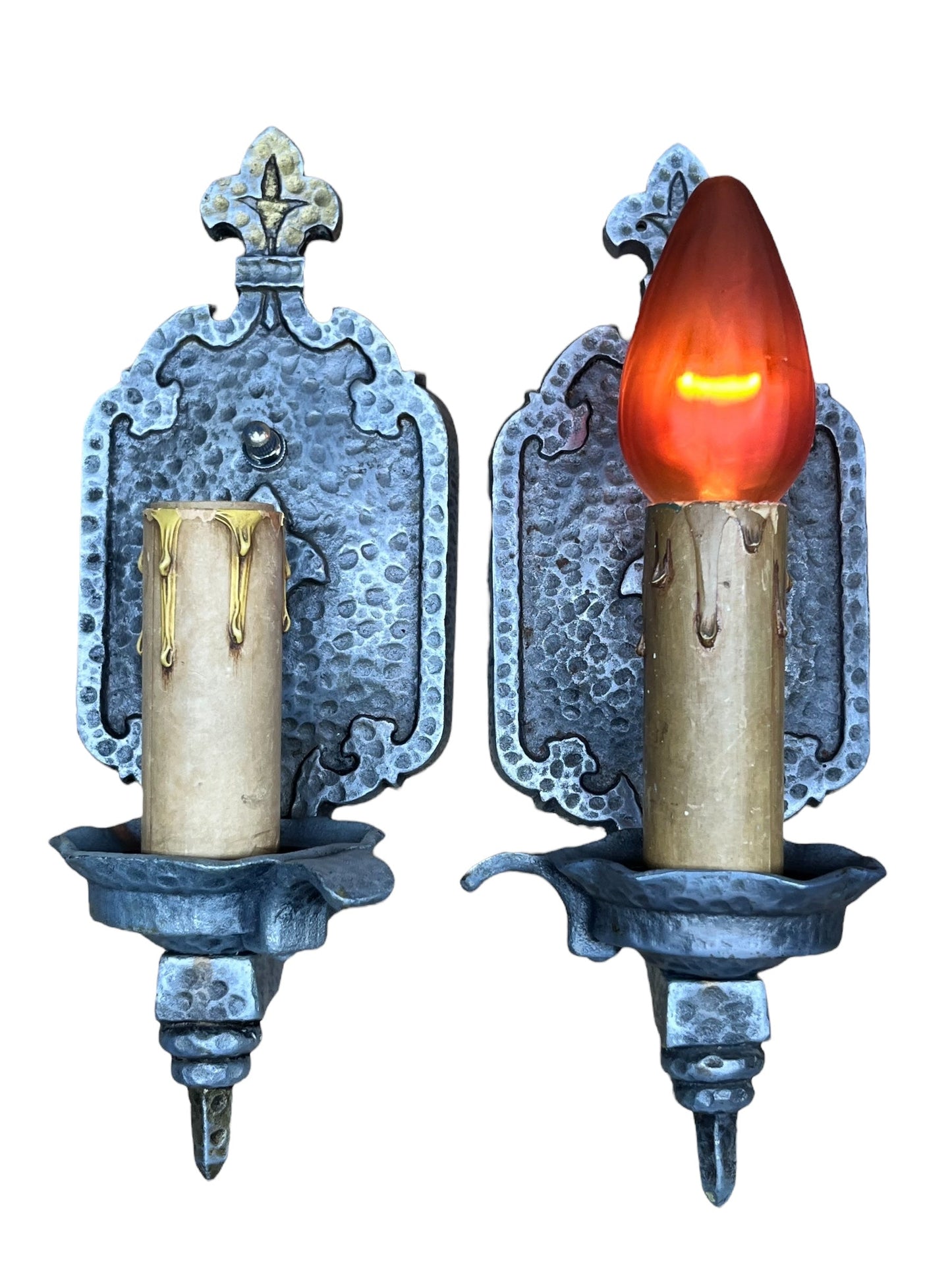 Bare bulb 4 + 1 Hammered Wall Sconces Storybook or Spanish Revival Mission Style #2598