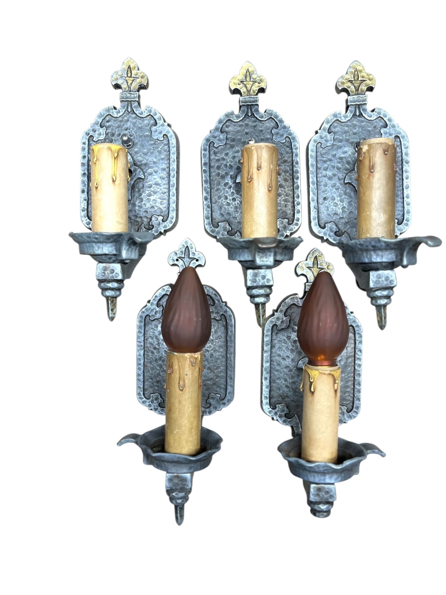 Bare bulb 4 + 1 Hammered Wall Sconces Storybook or Spanish Revival Mission Style #2598