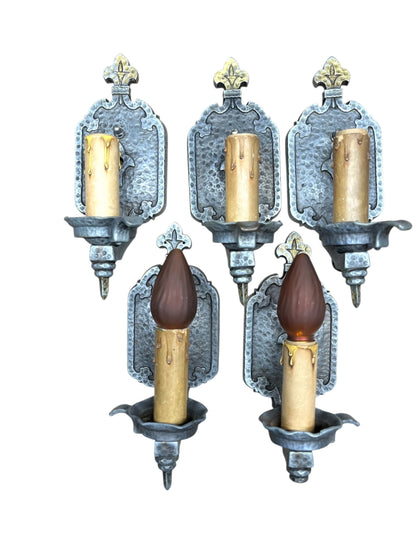 Bare bulb 4 + 1 Hammered Wall Sconces Storybook or Spanish Revival Mission Style #2598