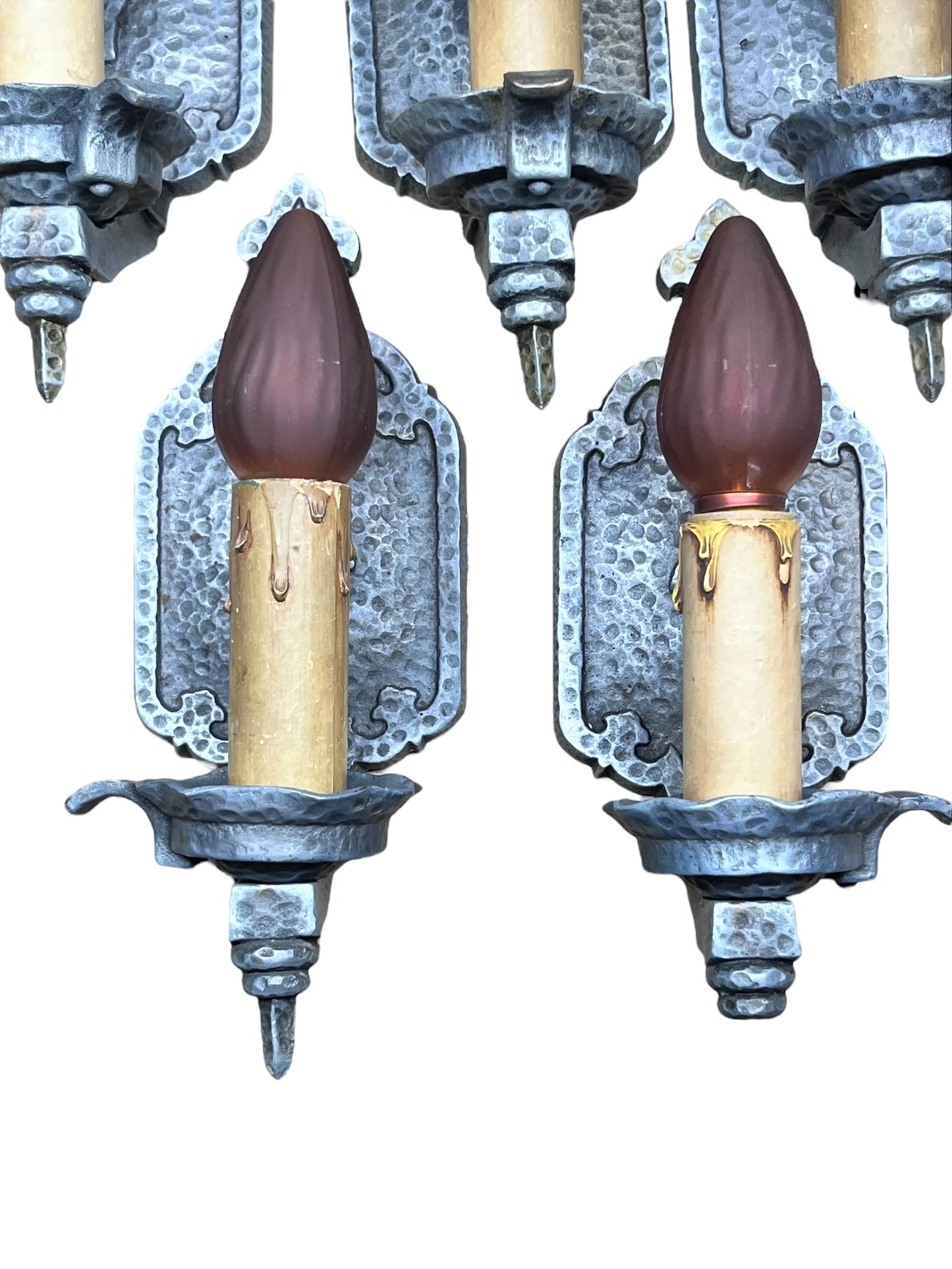 Bare bulb 4 + 1 Hammered Wall Sconces Storybook or Spanish Revival Mission Style #2598