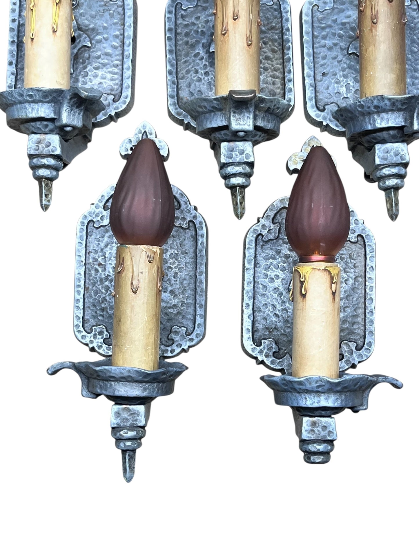 Bare bulb 4 + 1 Hammered Wall Sconces Storybook or Spanish Revival Mission Style #2598