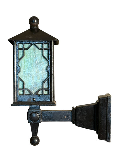 Arts and Crafts Porch Light with Black Enamel Paint  and Green Glass #2601
