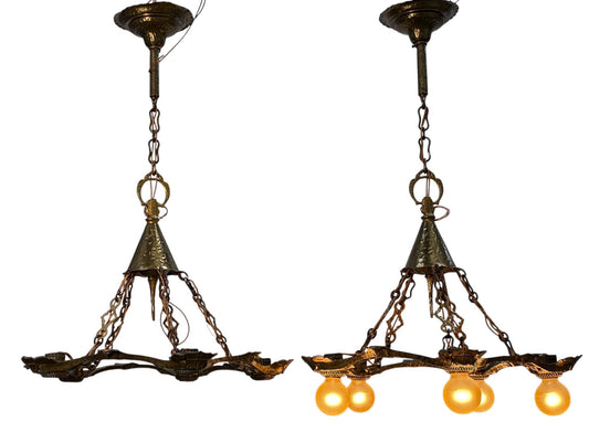 Pair Cast Brass 5 Light Ring Chandeliers #2611