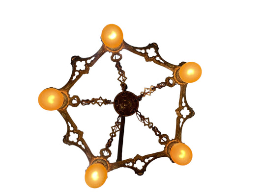 Pair Cast Brass 5 Light Ring Chandeliers #2611