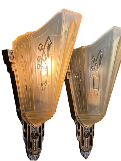 1930s Art Deco Sconces in Cast Bronze with Original Finish #2617