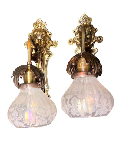 Pair Art Nouveau Brass and Copper Sconces circa 1900 with Floral Irridescent Shades #2618