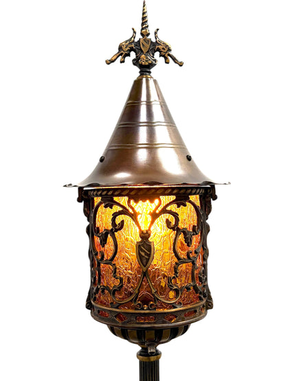 Cast Bronze Spanish Revival Floor Lamp with Original Crackle Glass 1920s #2613
