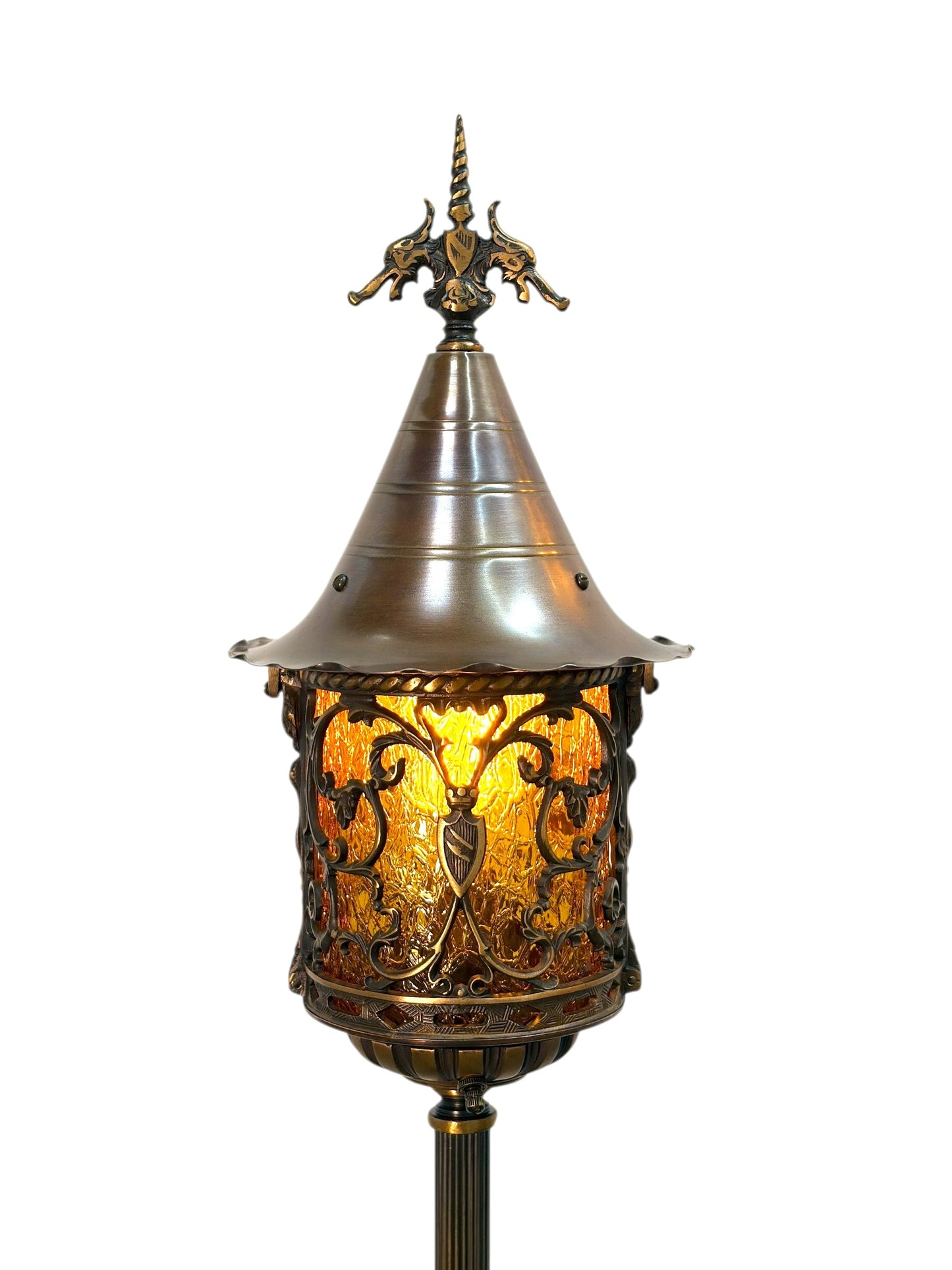Cast Bronze Spanish Revival Floor Lamp with Original Crackle Glass 1920s #2613
