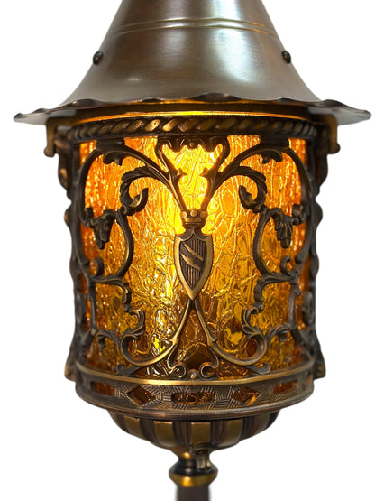 Cast Bronze Spanish Revival Floor Lamp with Original Crackle Glass 1920s #2613