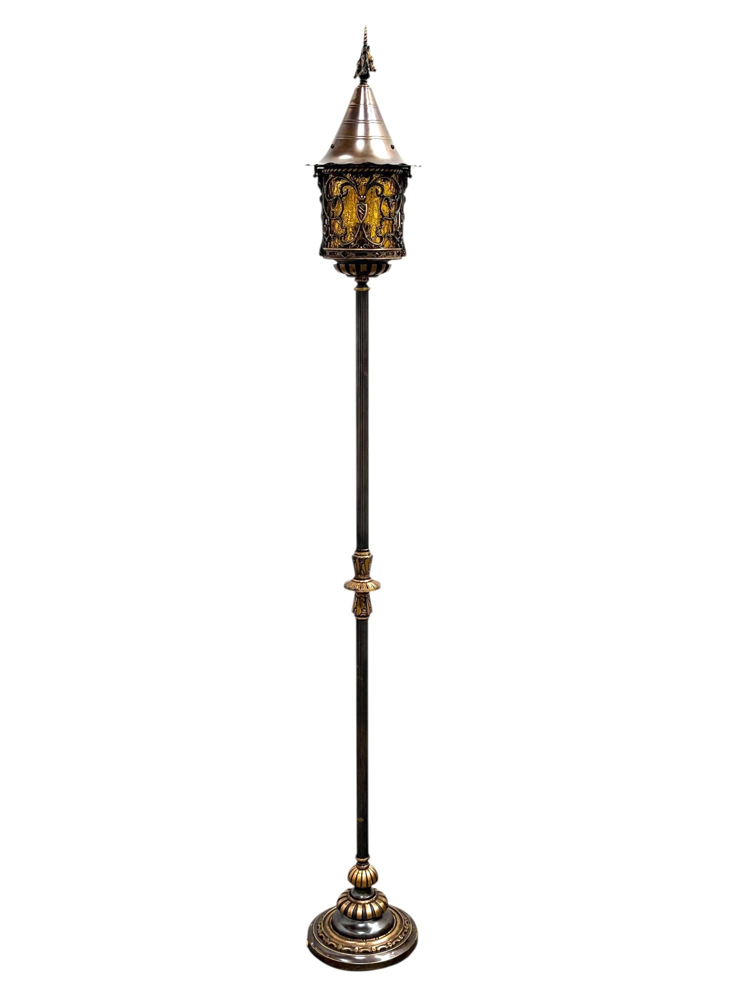 Cast Bronze Spanish Revival Floor Lamp with Original Crackle Glass 1920s #2613