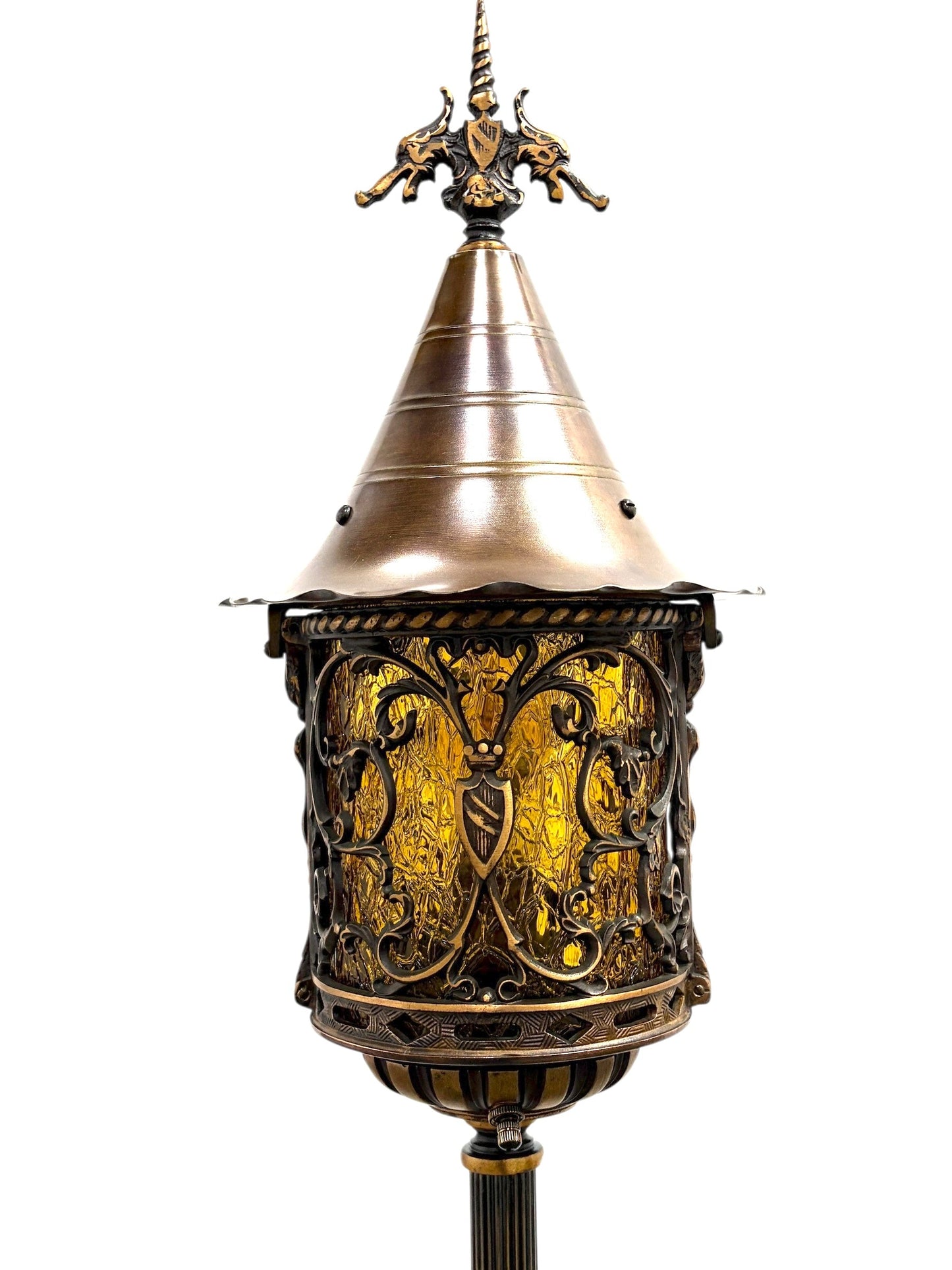 Cast Bronze Spanish Revival Floor Lamp with Original Crackle Glass 1920s #2613