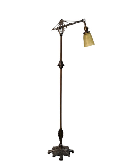 Brass and Cast Iron 1930s Depression Era Floor Lamp with Amber Art Deco Glass Shade #2619