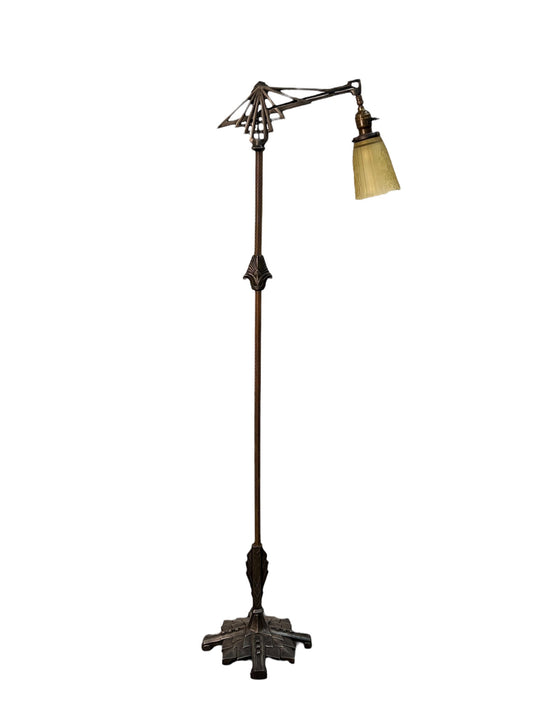 Brass and Cast Iron 1930s Depression Era Floor Lamp with Amber Art Deco Glass Shade #2619