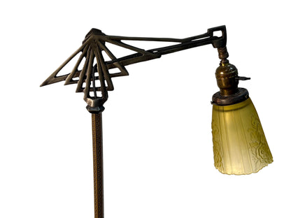 Brass and Cast Iron 1930s Depression Era Floor Lamp with Amber Art Deco Glass Shade #2619
