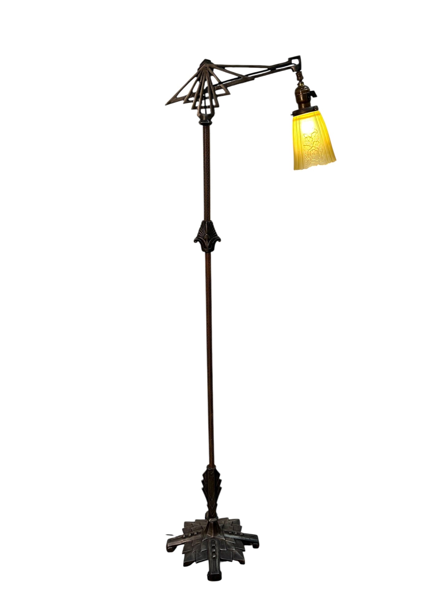 Brass and Cast Iron 1930s Depression Era Floor Lamp with Amber Art Deco Glass Shade #2619