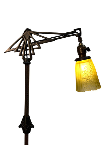 Brass and Cast Iron 1930s Depression Era Floor Lamp with Amber Art Deco Glass Shade #2619