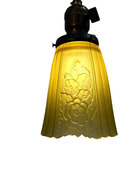Brass and Cast Iron 1930s Depression Era Floor Lamp with Amber Art Deco Glass Shade #2619