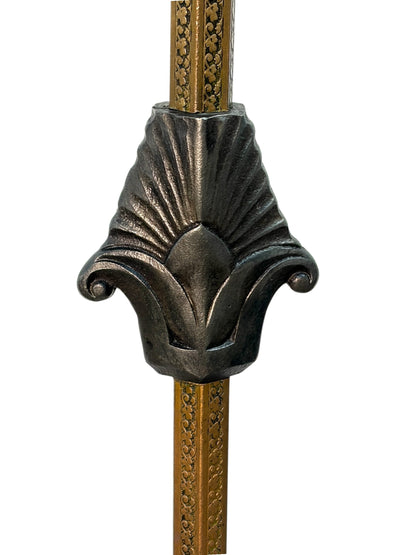 Brass and Cast Iron 1930s Depression Era Floor Lamp with Amber Art Deco Glass Shade #2619