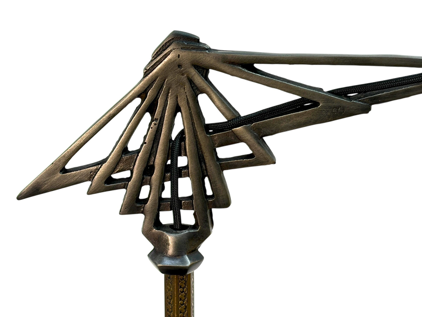 Brass and Cast Iron 1930s Depression Era Floor Lamp with Amber Art Deco Glass Shade #2619