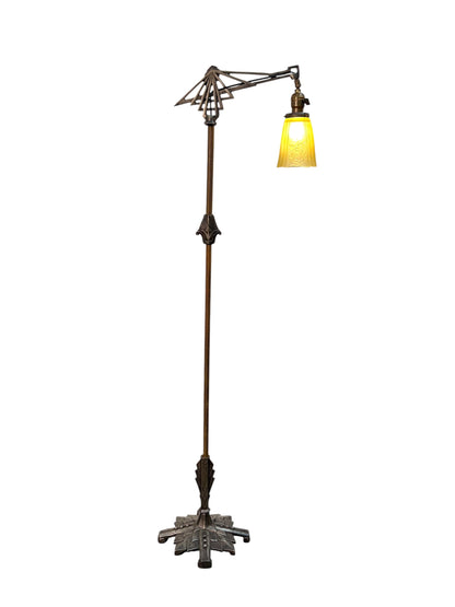 Brass and Cast Iron 1930s Depression Era Floor Lamp with Amber Art Deco Glass Shade #2619