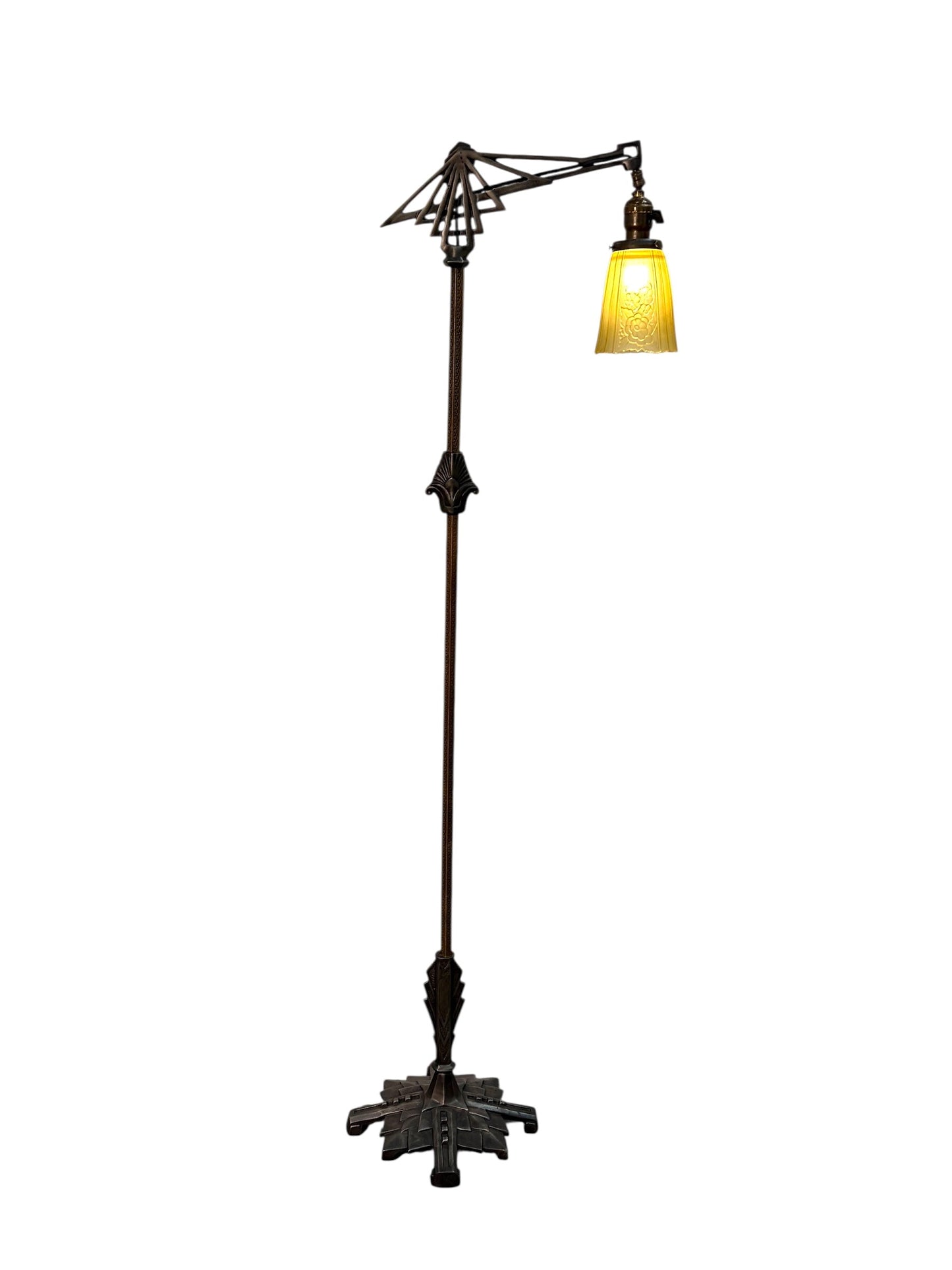 Brass and Cast Iron 1930s Depression Era Floor Lamp with Amber Art Deco Glass Shade #2619