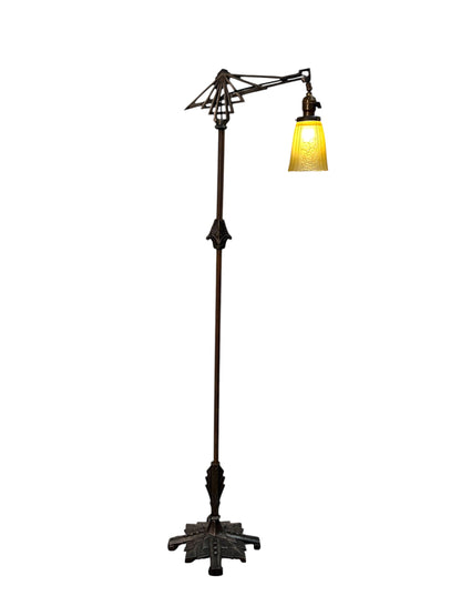 Brass and Cast Iron 1930s Depression Era Floor Lamp with Amber Art Deco Glass Shade #2619