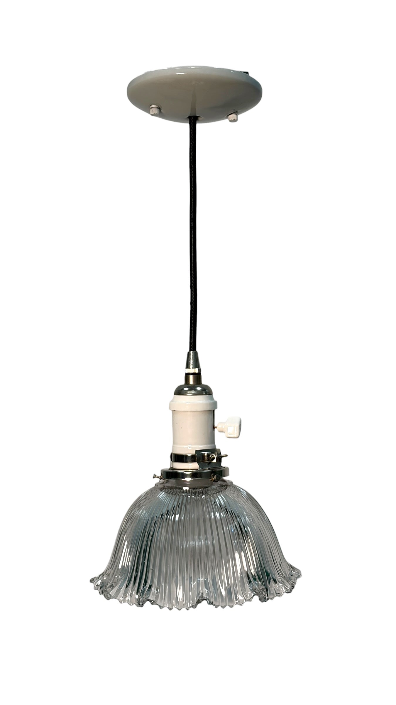 Clear Glass Antique Holophane Pendant Light for Kitchen Islands on New Wire Fixture with Switch and Brushed Brass Canopy  #2080