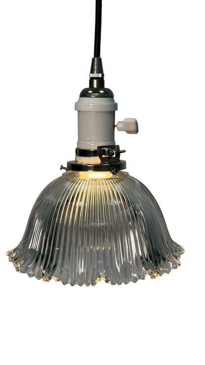 Clear Glass Antique Holophane Pendant Light for Kitchen Islands on New Wire Fixture with Switch and Brushed Brass Canopy  #2080