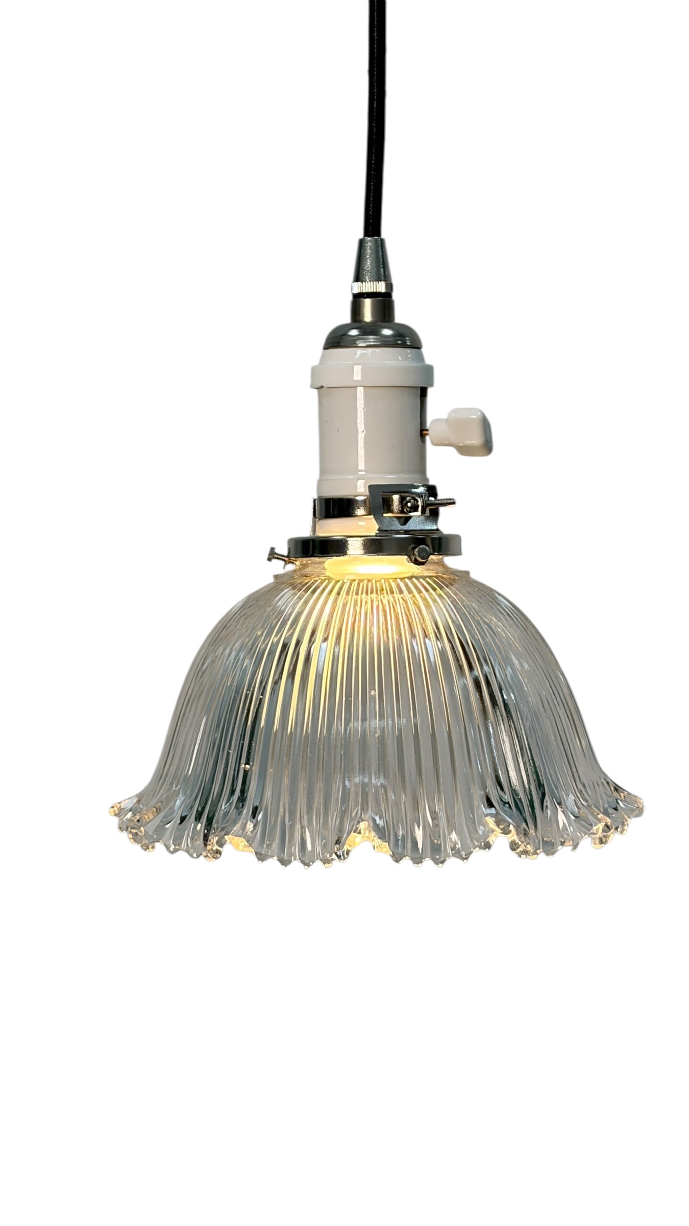 Clear Glass Antique Holophane Pendant Light for Kitchen Islands on New Wire Fixture with Switch and Brushed Brass Canopy  #2080