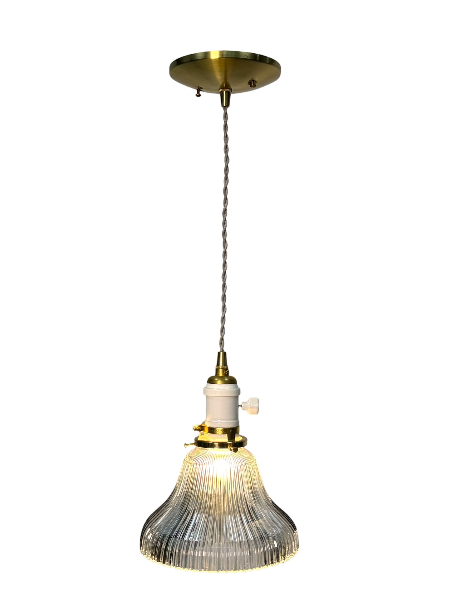 Clear Glass Antique Holophane Pendant Light for Kitchen Islands on New Wire Fixture with Switch and Brushed Brass Canopy  #2080