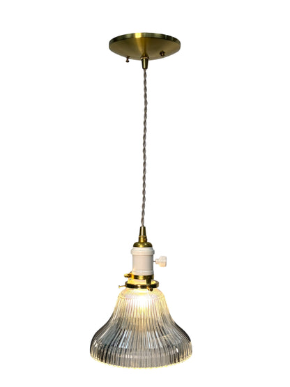 Clear Glass Antique Holophane Pendant Light for Kitchen Islands on New Wire Fixture with Switch and Brushed Brass Canopy  #2080