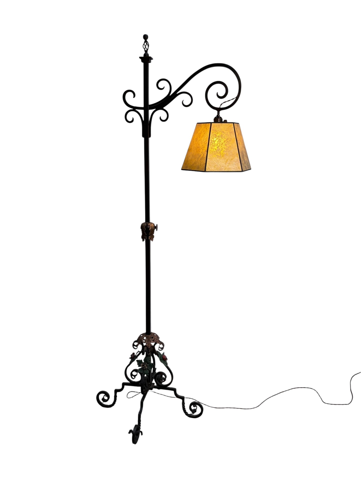Elaborate Bent Brass and Wrought Iron Floor Lamp with Golden Mica Shade #2403