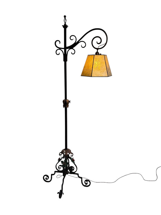 Elaborate Bent Brass and Wrought Iron Floor Lamp with Golden Mica Shade #2403