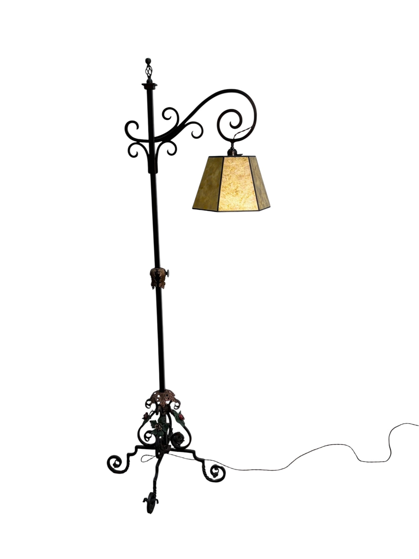 Elaborate Bent Brass and Wrought Iron Floor Lamp with Golden Mica Shade #2403