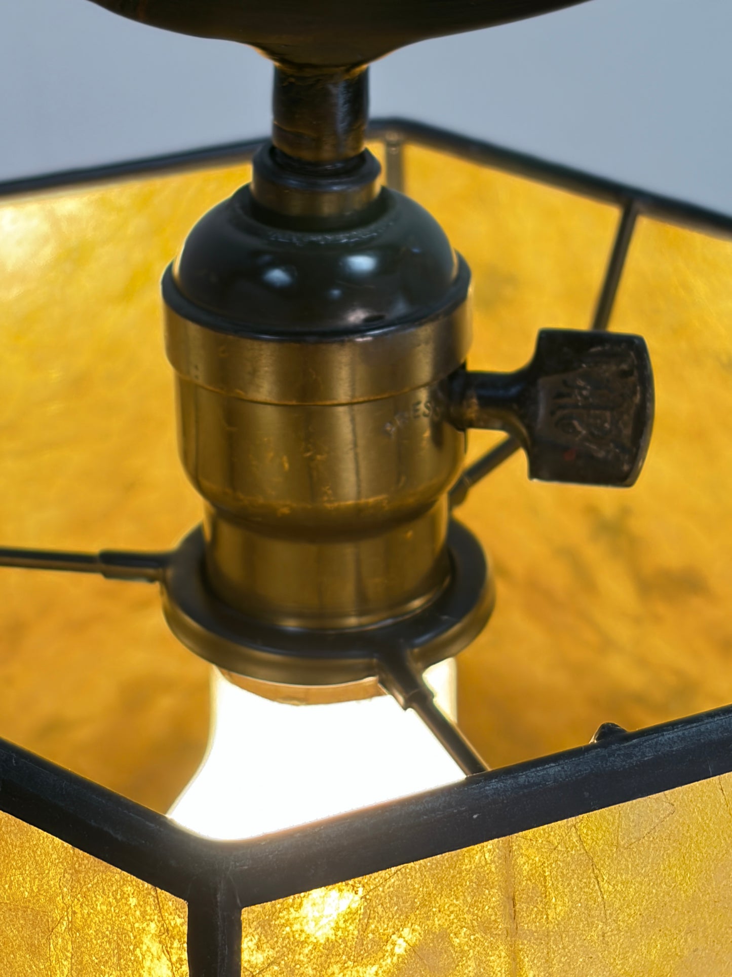 Elaborate Bent Brass and Wrought Iron Floor Lamp with Golden Mica Shade #2403
