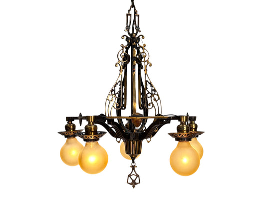 1920s Cast Bronze 5 Light Chandelier in Spectacular Original Condition #2622
