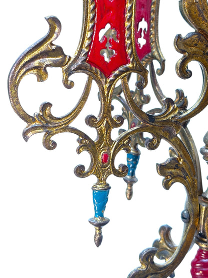 Cast Brass Semi Flush Ceiling Light with Red and Blue Embellishments Circa 1915 #2623
