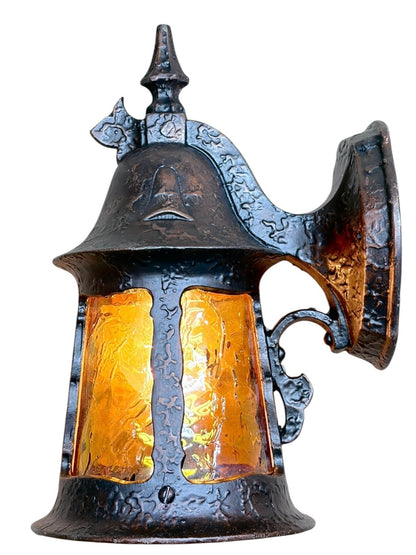 1920s Storybook Outdoor Porch Light in Antique Copper Finish with Orange Mica Shade #2626