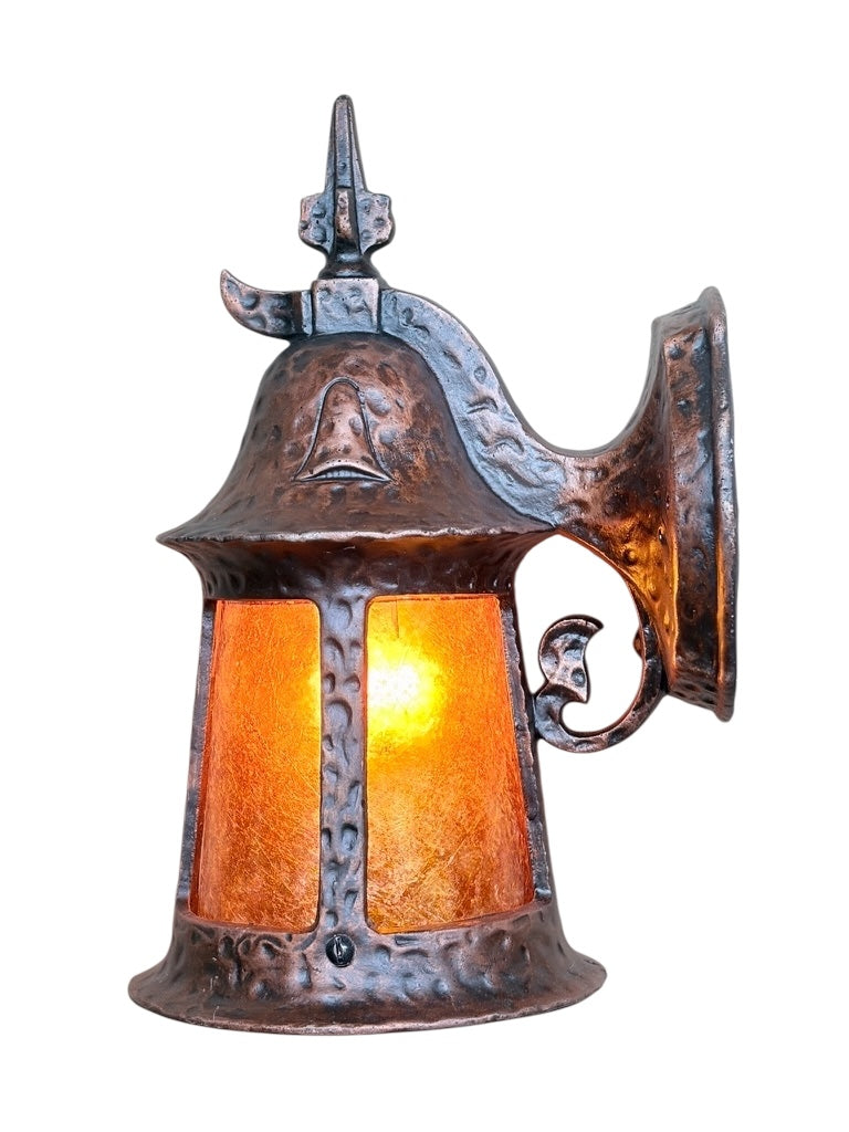 1920s Storybook Outdoor Porch Light in Antique Copper Finish with Orange Mica Shade #2625
